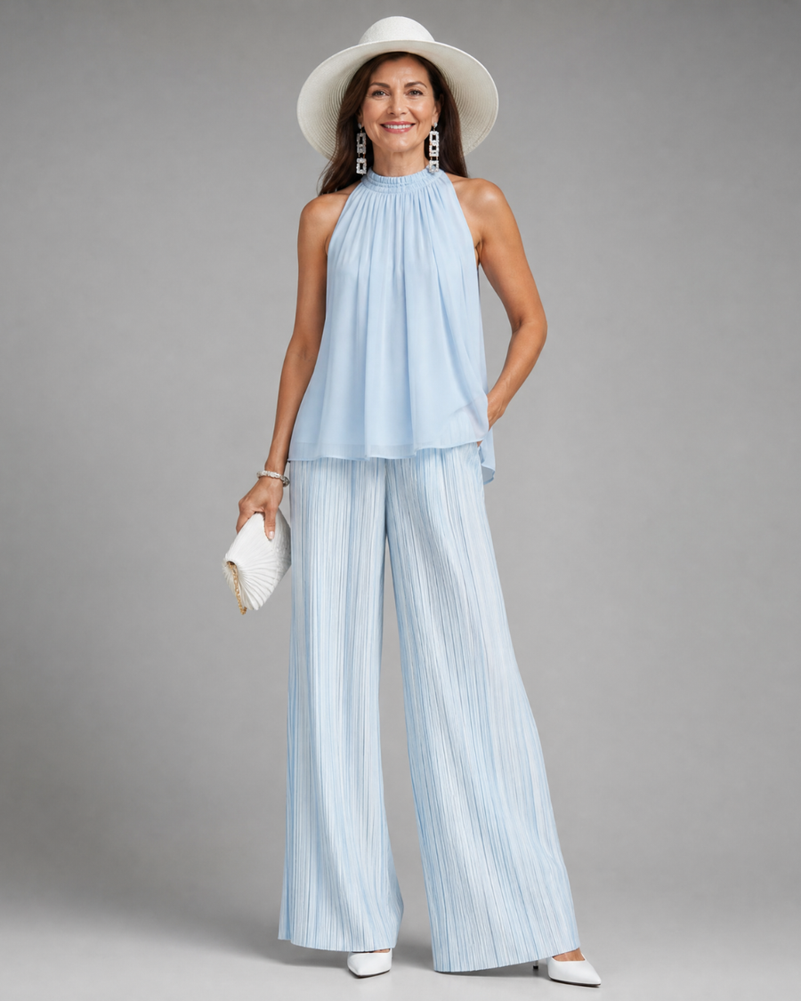 Sylmara | Halter Neck Flowing Top And Pleated Wide Leg Pants Set