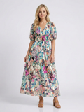 Eulalie | Ruched-Waist Short-Sleeve V-Neck Midi Dress