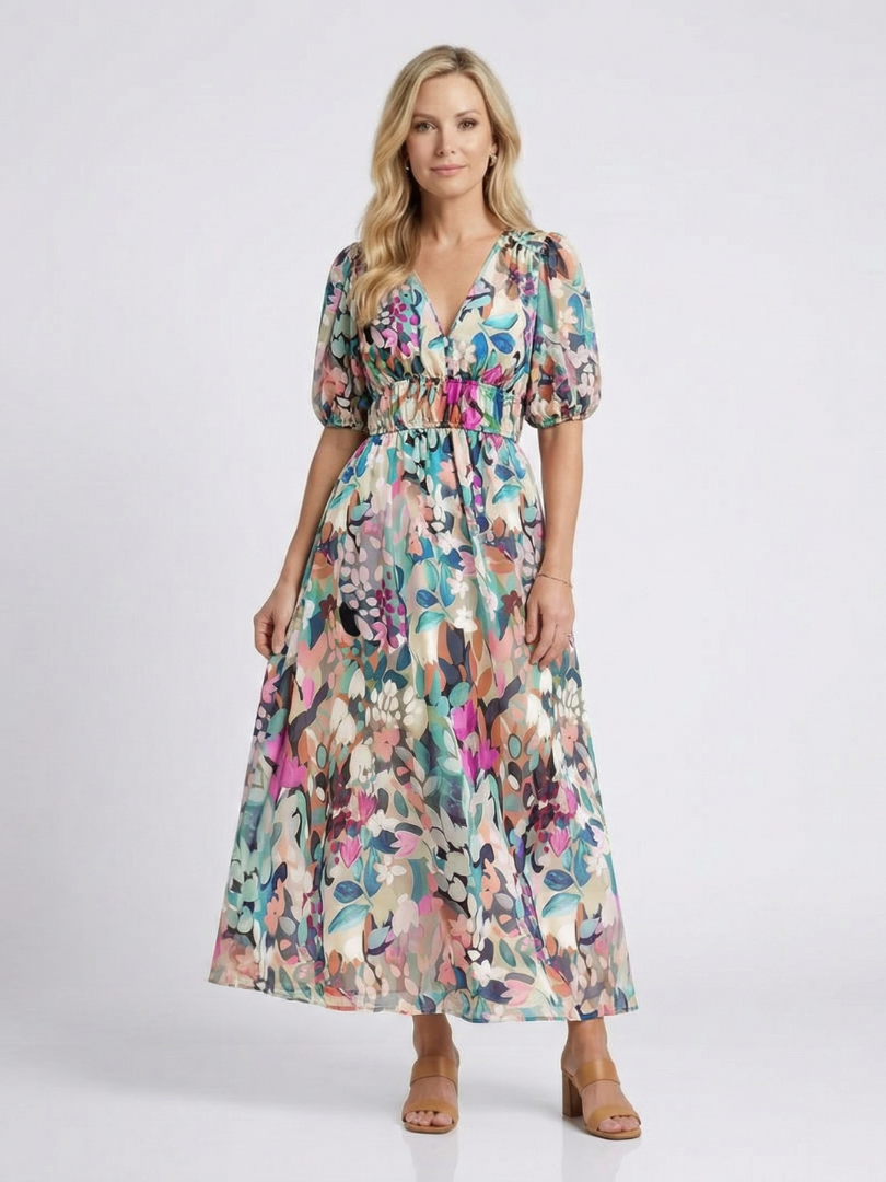 Eulalie | Ruched-Waist Short-Sleeve V-Neck Midi Dress - women's dress