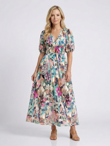 Eulalie | Ruched-Waist Short-Sleeve V-Neck Midi Dress - women's dress