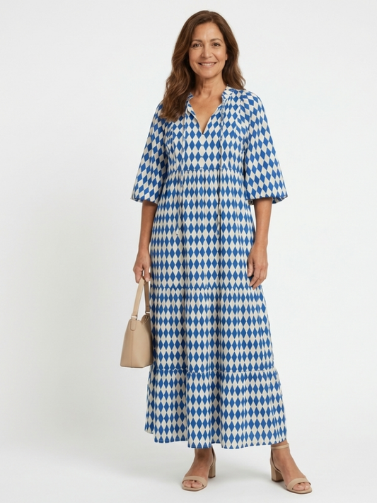 Elodie | Diamond-Print Ruffle-Hem Dress - women's dress