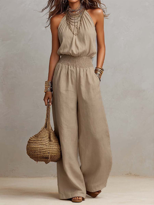 Tan Cotton-Linen Halter Wide-Leg Jumpsuit