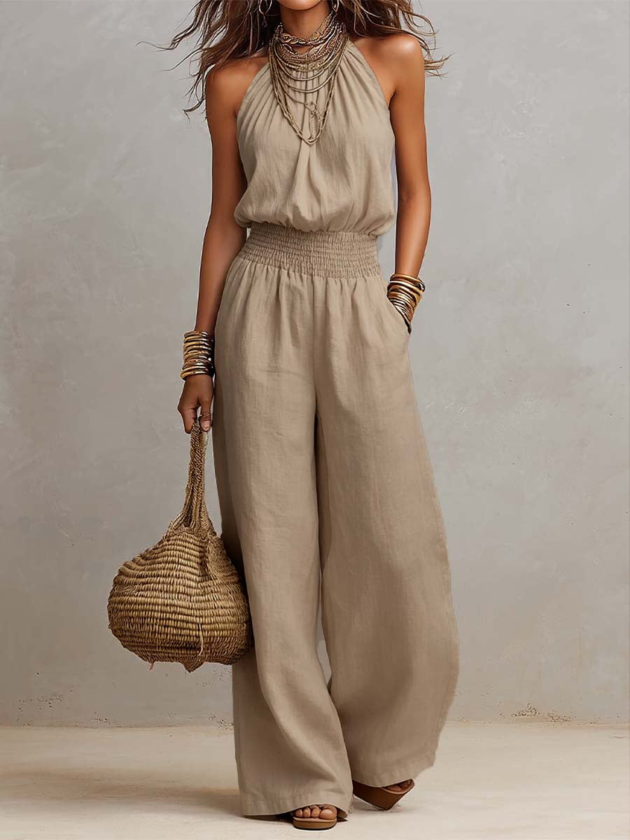Tan Cotton-Linen Halter Wide-Leg Jumpsuit