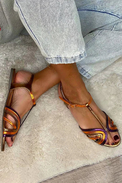 Gold Buckle Sandals with Multicolor Strap