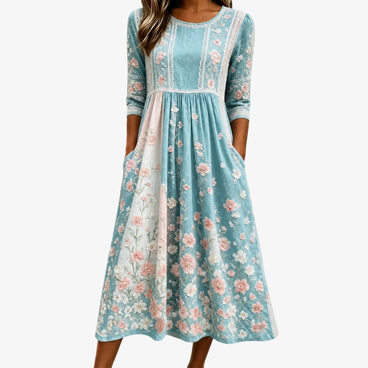 Rosalie | Spring Blossom Patchwork Midi Dress