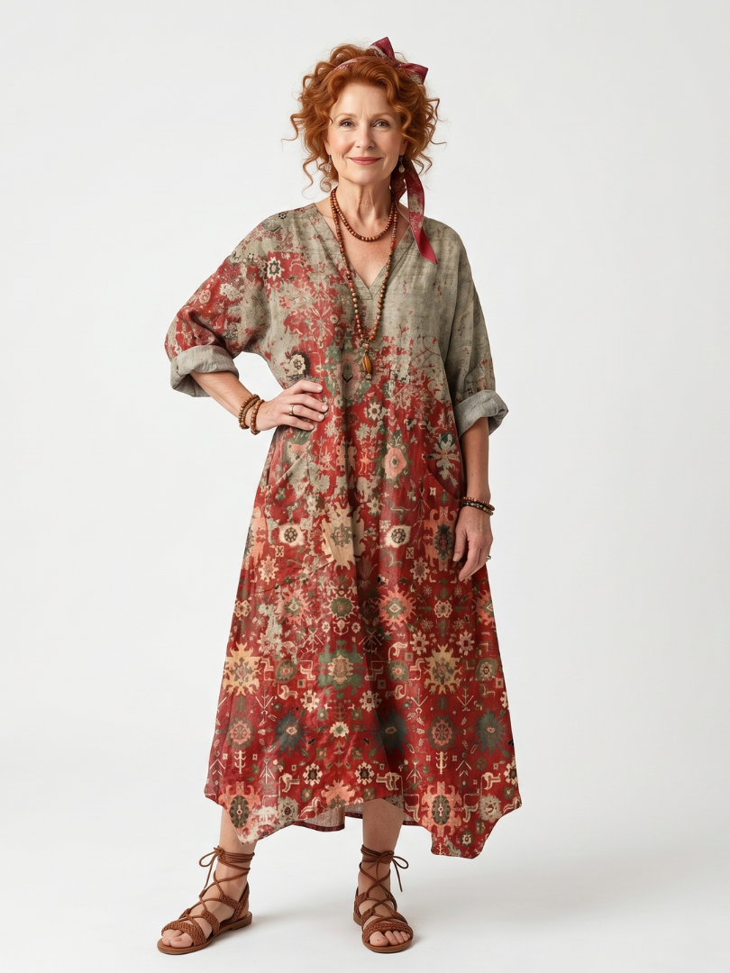 Saffron | Robe Midi Décontractée Motif Mixte avec Poches