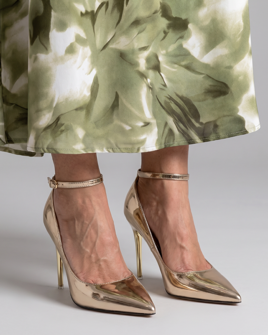Elowen | Metallic Pointed Toe Ankle Strap Pumps