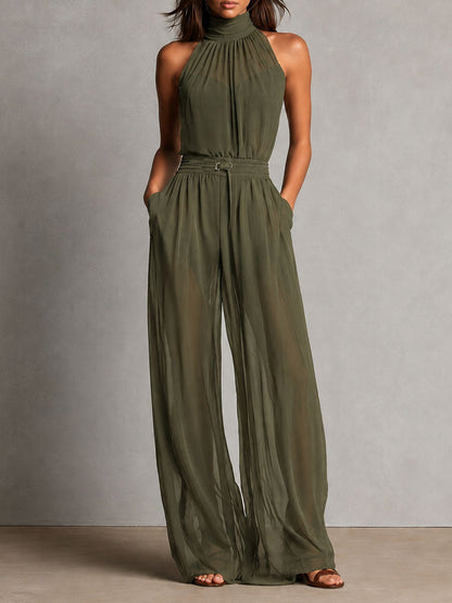 Elegant Black Sheer High-Neck Flare Jumpsuit