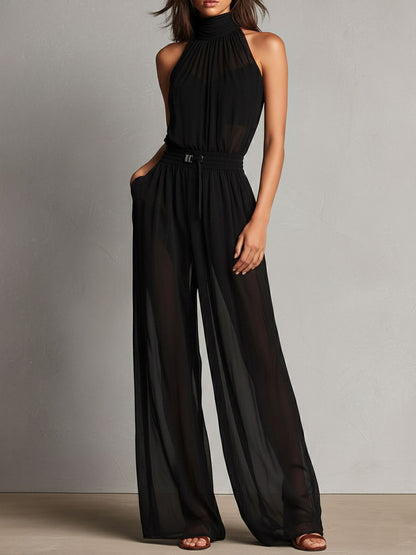 Elegant Black Sheer High-Neck Flare Jumpsuit