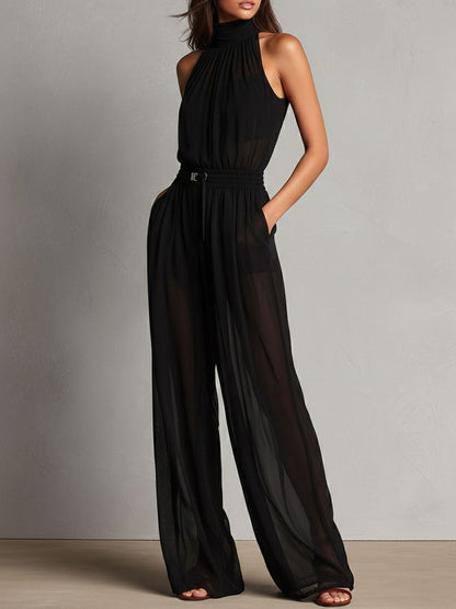 Elegant Black Sheer High-Neck Flare Jumpsuit