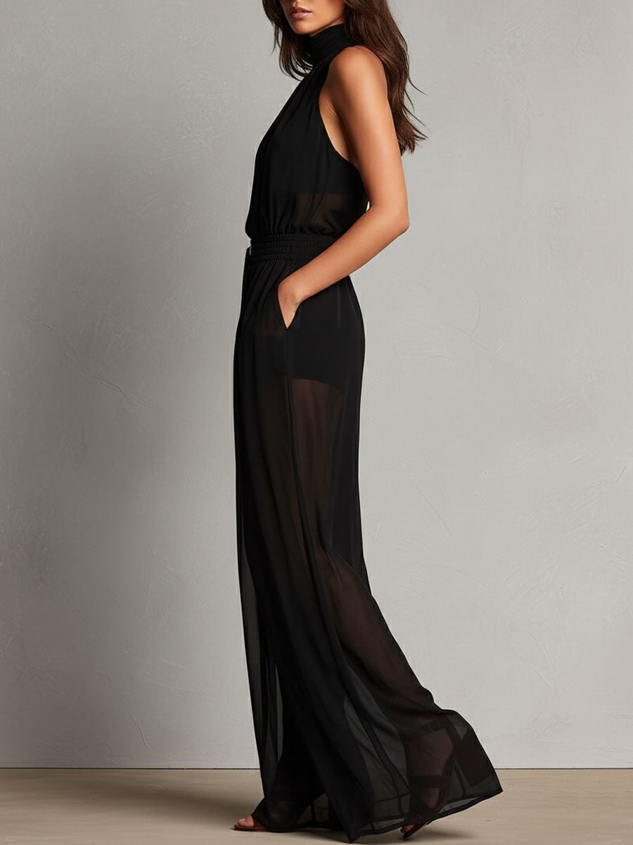 Elegant Black Sheer High-Neck Flare Jumpsuit