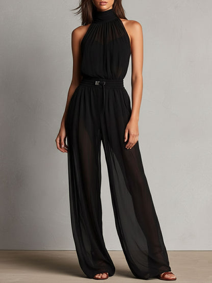 Elegant Black Sheer High-Neck Flare Jumpsuit