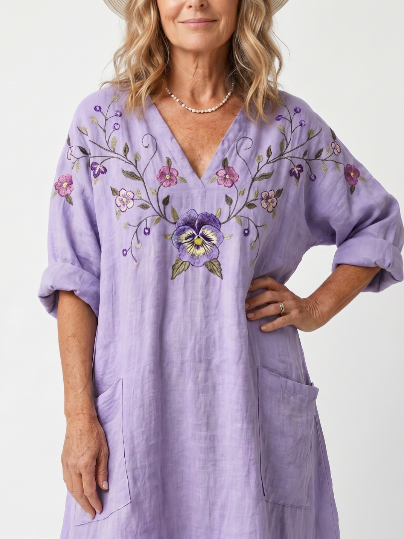 Tavi | Robe Midi Oversize Brodée Fleurs avec Poches