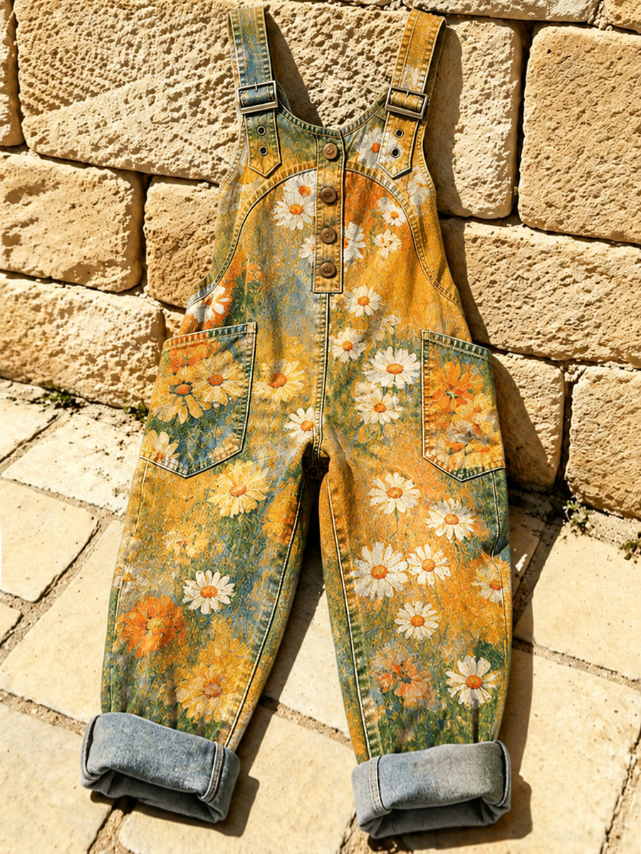 Women's Retro Style Print Washed Cotton Denim Patchwork Jumpsuit