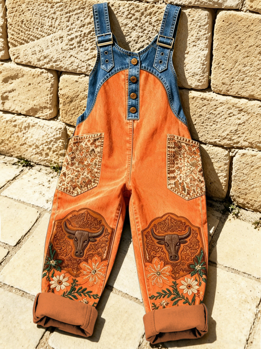 Women's Retro Style Print Washed Cotton Denim Patchwork Jumpsuit
