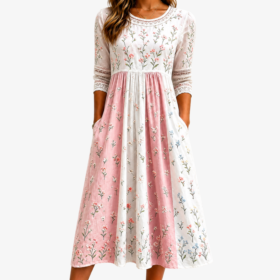 Patchwork Pocket Blush Meadow Midi Dress - women's midi dress