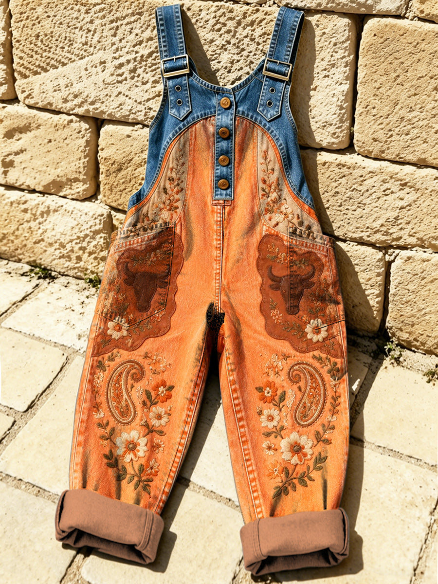 Women's Retro Style Print Washed Cotton Denim Patchwork Jumpsuit