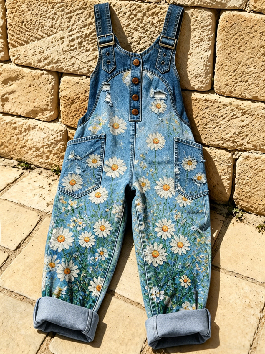 Women's Retro Style Print Washed Cotton Denim Patchwork Jumpsuit