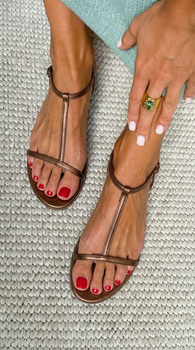 Sandalias bajas metalizadas de verano con tira en forma de T