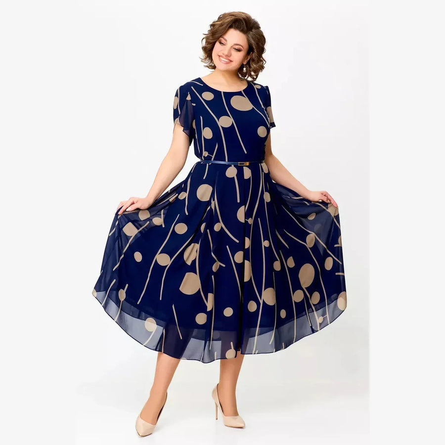 Angela | NAVY POLKA DOT PRINT CHIFFON MIDI DRESS