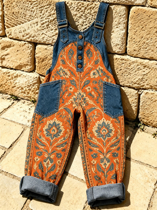 Women's Retro Style Print Washed Cotton Denim Patchwork Jumpsuit