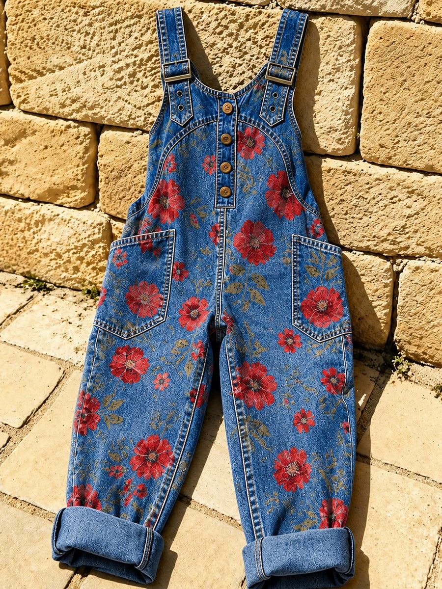Women's Retro Style Print Washed Cotton Denim Patchwork Jumpsuit