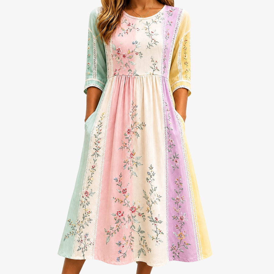 Pocket Pastel Garden Panel Midi Dress - women's midi dress