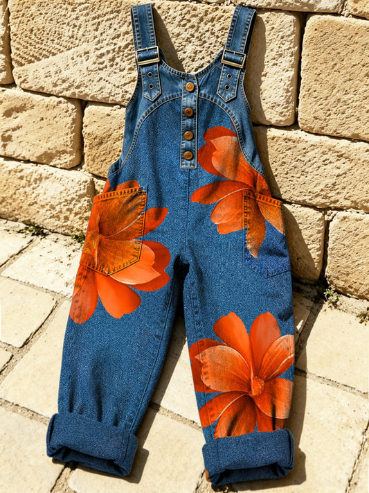 Women's Retro Style Print Washed Cotton Denim Patchwork Jumpsuit