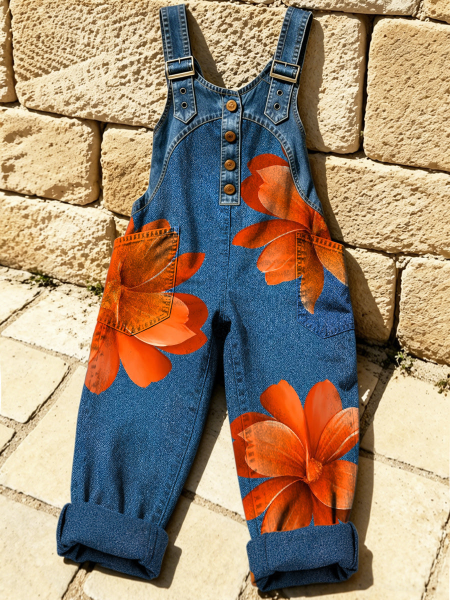 Women's Retro Style Print Washed Cotton Denim Patchwork Jumpsuit