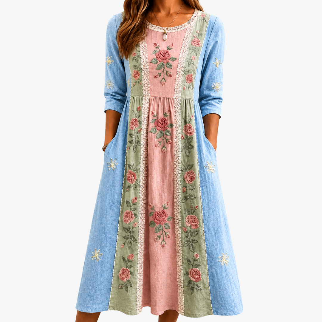 Patchwork Pocket Vintage Rose Garden Midi Dress - women's midi dress