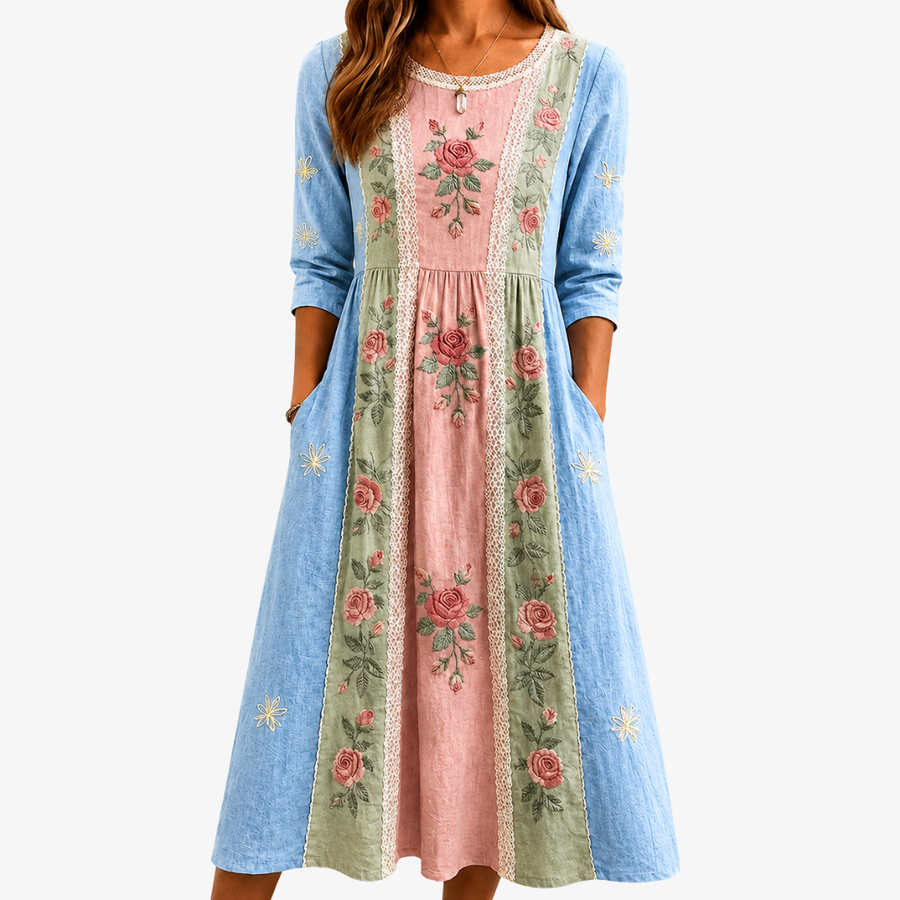 Patchwork Pocket Vintage Rose Garden Midi Dress - women's midi dress