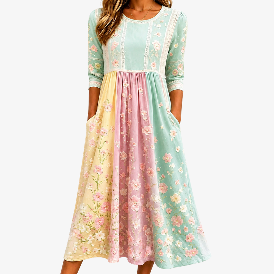Patchwork Pocket Spring Blossom Midi Dress - women's midi dress