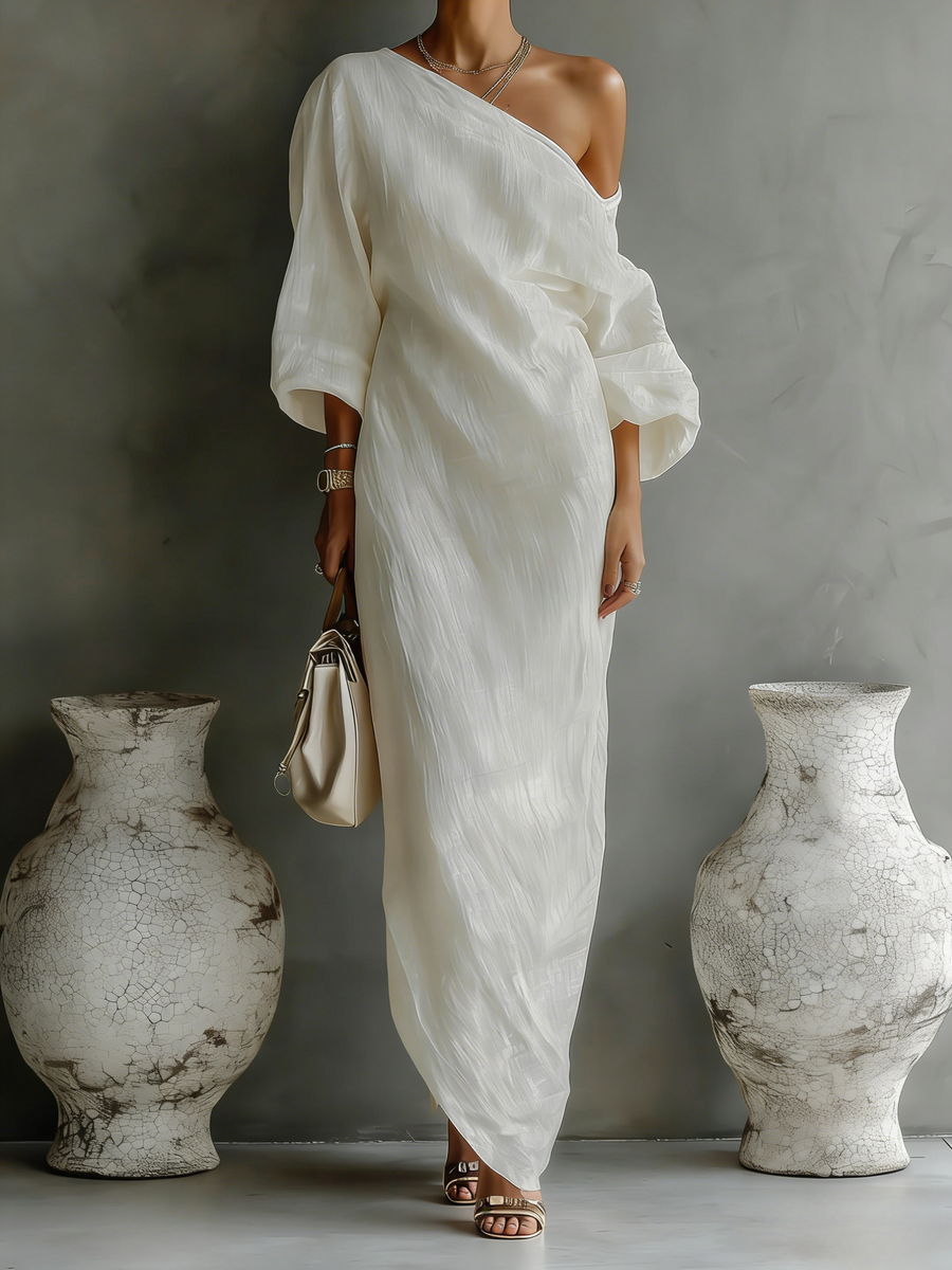 Elsbeth | Ivory One Shoulder Cotton Linen Maxi Dress
