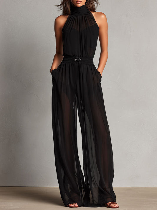 Elegant Black Sheer High-Neck Flare Jumpsuit