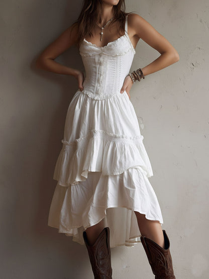 Retro Boho Corset Tiered Midi Dress with Lace-Trim