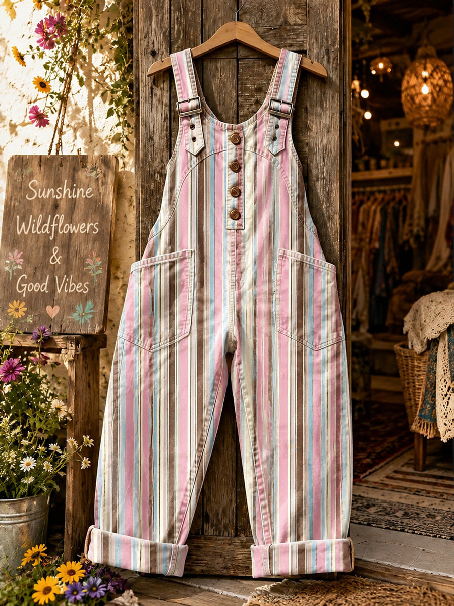 Women's Retro Style Art Print Washed Cotton Denim Patchwork Jumpsuit