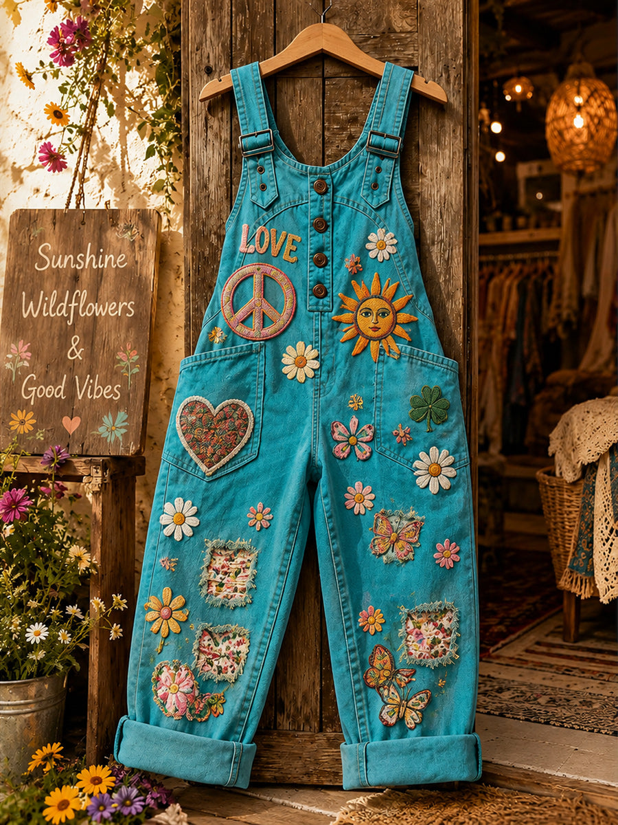 Women's Retro Style Art Print Washed Cotton Denim Patchwork Jumpsuit