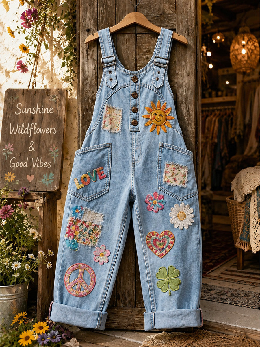 Women's Retro Style Art Print Washed Cotton Denim Patchwork Jumpsuit
