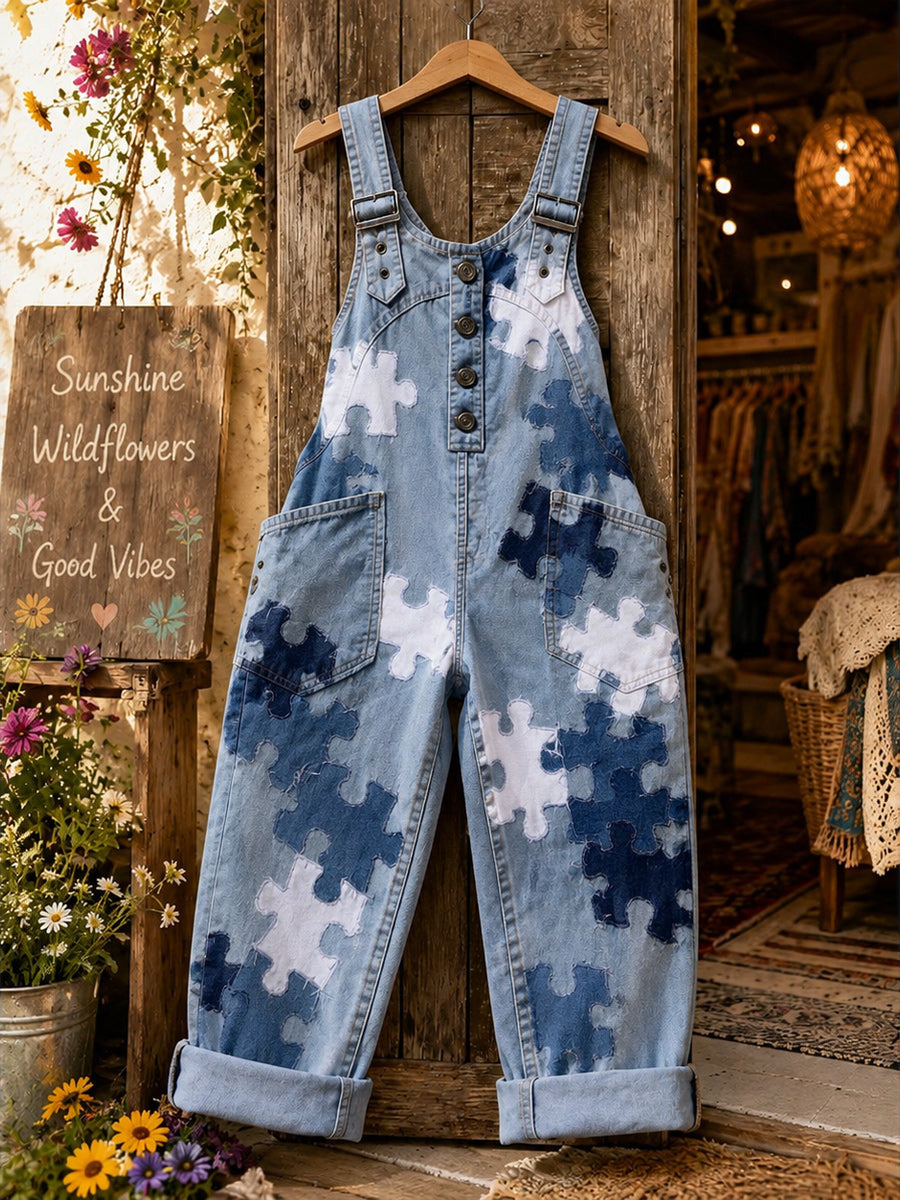 Women's Retro Style Art Print Washed Cotton Denim Patchwork Jumpsuit