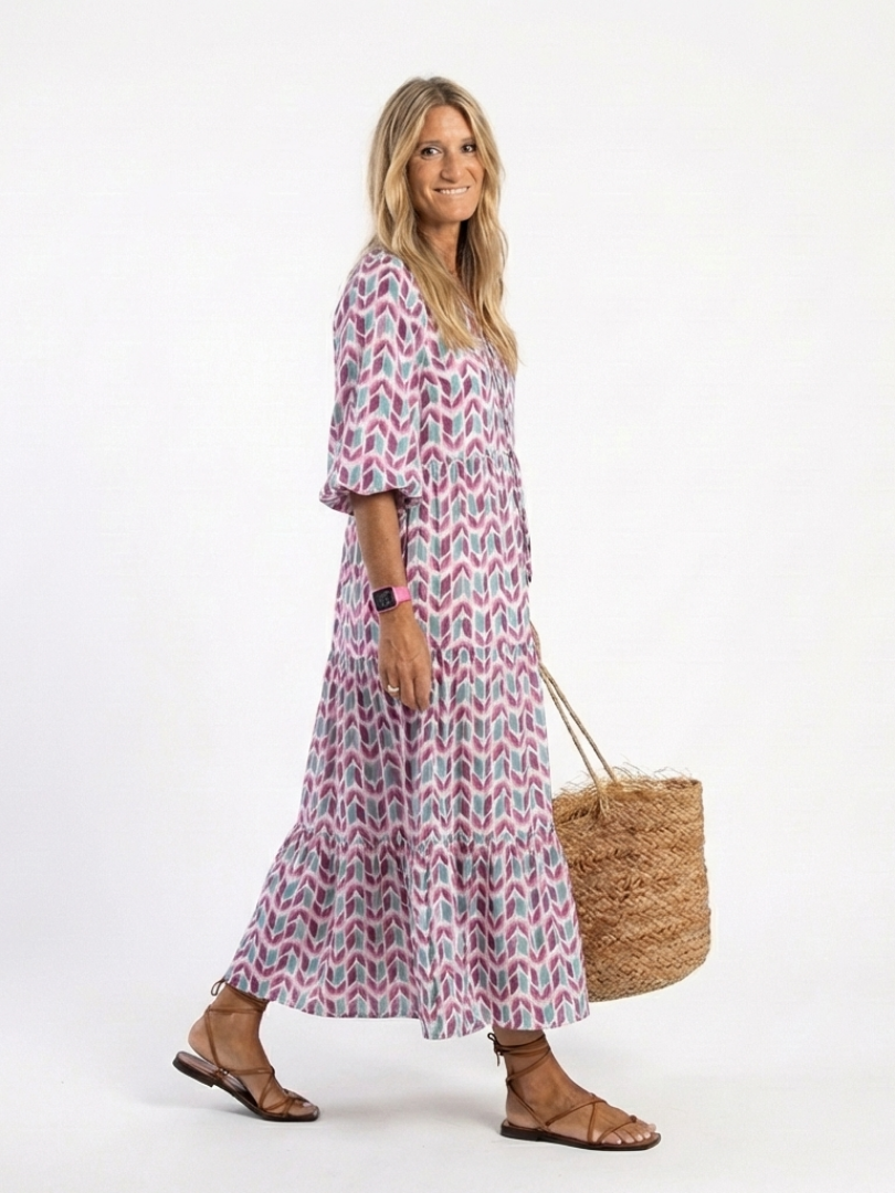 Mireya | Robe Midi à Étages Manches Longues Imprimé Géométrique