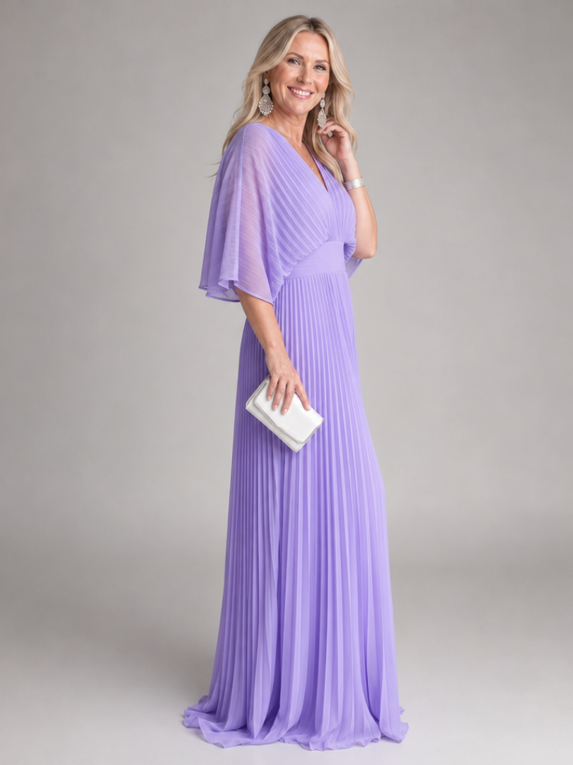 Semorph | V Neck Long Sleeve Pleated Maxi Dress