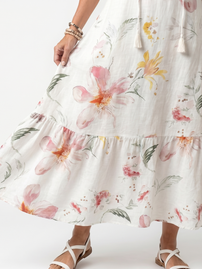Noa | Robe Midi à Étages et Pompons Imprimé Floral Doux