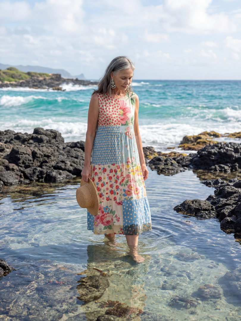 Kailani | Coastal Floral Patchwork Midi Dress