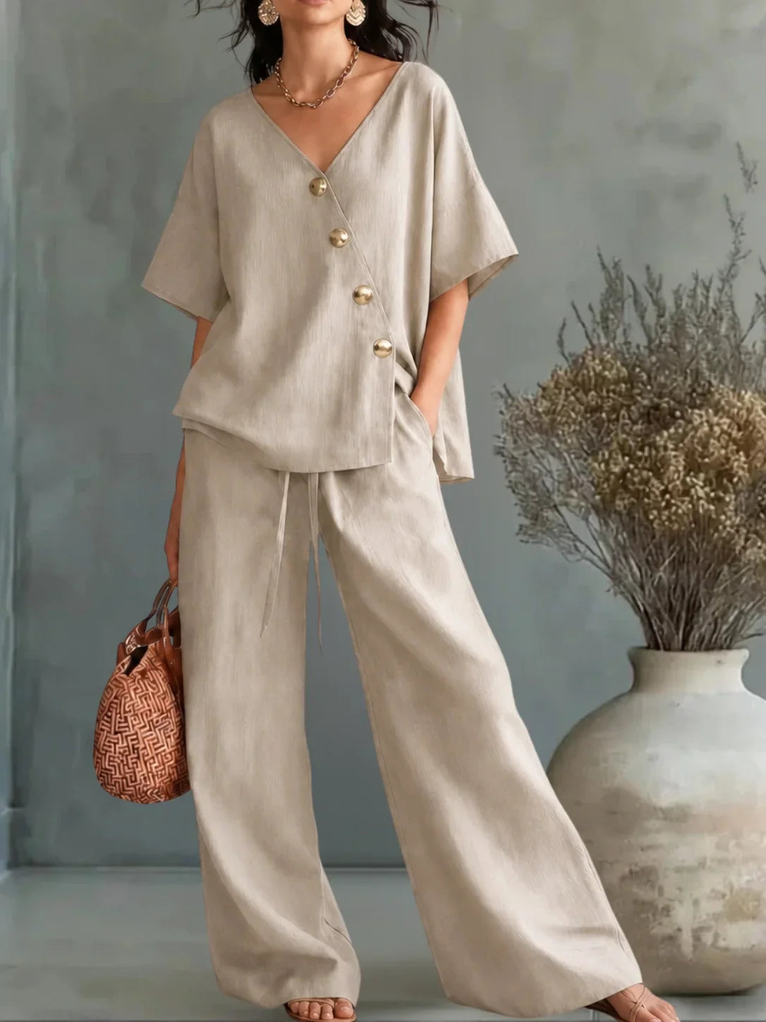 Greta | V-Neck Button Shirt Set
