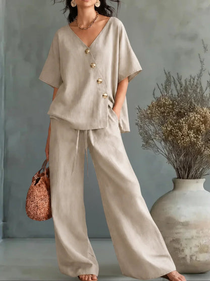 Greta | V-Neck Button Shirt Set