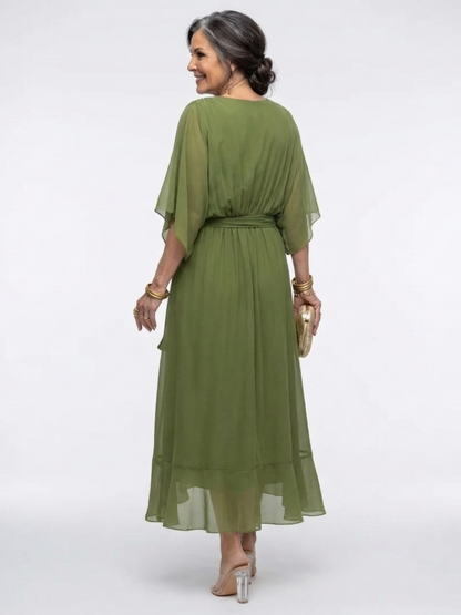 Elysia | Draped V-Neck Tie-Waist Midi Dress