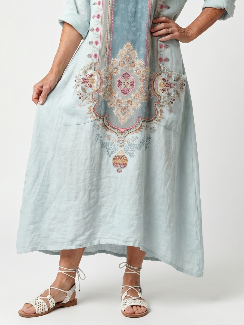 Kassiani | Robe Midi Oversize à Empiècement Brodé Ornemental avec Poches