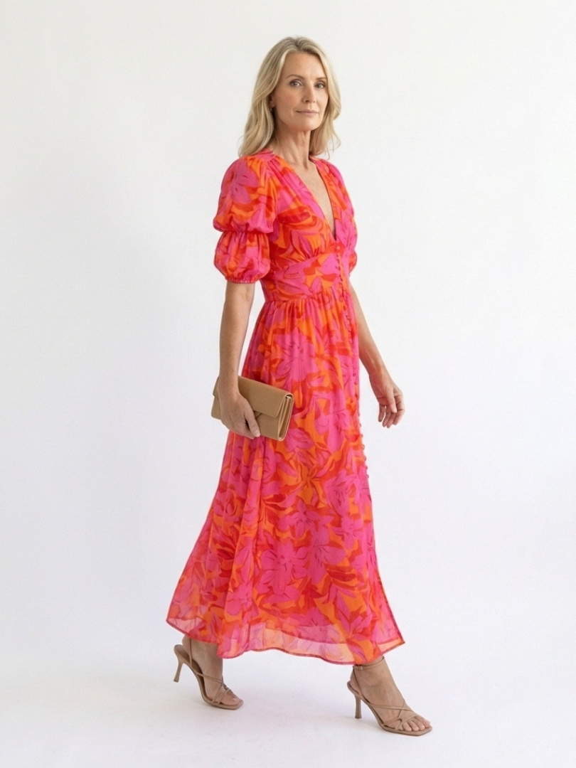 Willow | Floral V-Neck Puff-Sleeve Midi Dress
