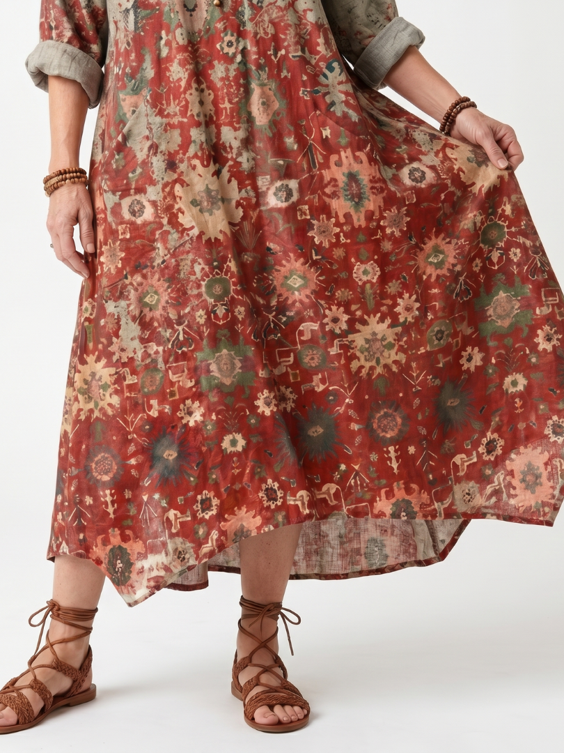 Saffron | Robe Midi Décontractée Motif Mixte avec Poches