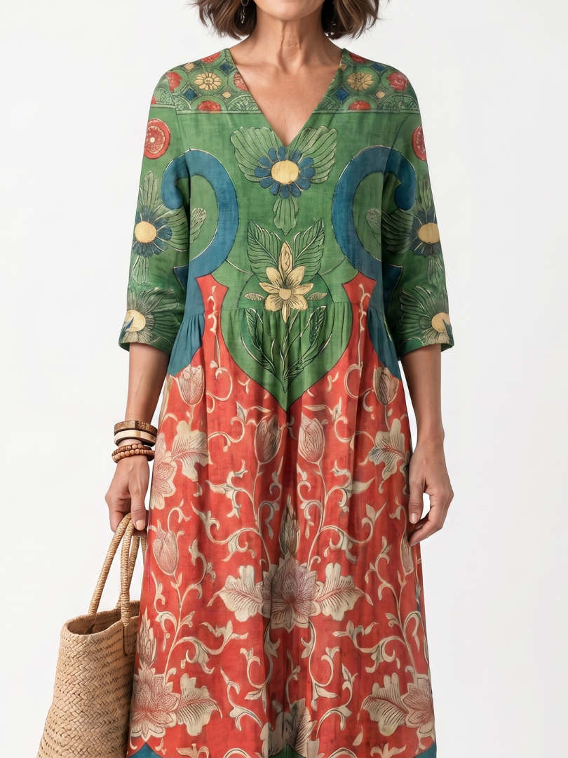 Sloane | Robe Midi à Col V Imprimé Mixte avec Poches